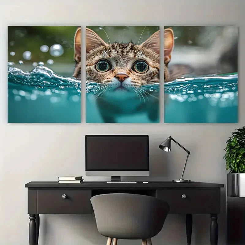 3pcs Funny Cat Swimming in Pool Illustration Wall Art Set Canvas Framed 40x60cm - High Quality Print 100% Australian Made Wall Canvas Ready to Hang - Bella Home Decor