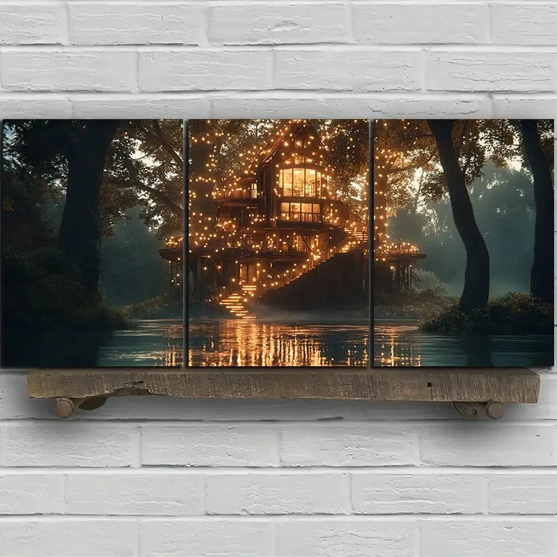 3pcs The Glass House By The River Trees Metal Print Ready to Hang Art - Bella Home Decor
