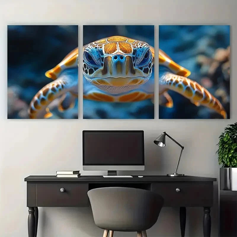 3pcs Fantasy Turtle Closeup Underwater Scene Metal Print Ready to Hang Art - Bella Home Decor