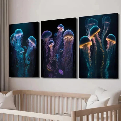3pcs Glowing Jellyfish Marine Life Wall Art Set Canvas Wall Art Canvas Unframed - High Quality Print 100% Australian Made Wall Canvas - Bella Home Decor