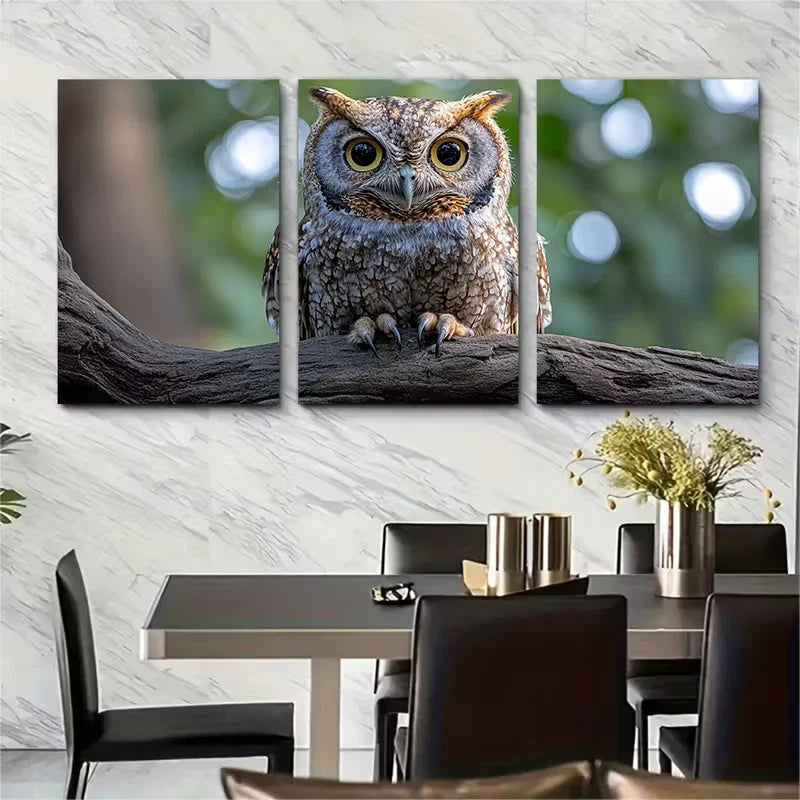 3pcs Realistic Eastern Screech Owl Metal Print Ready to Hang Art