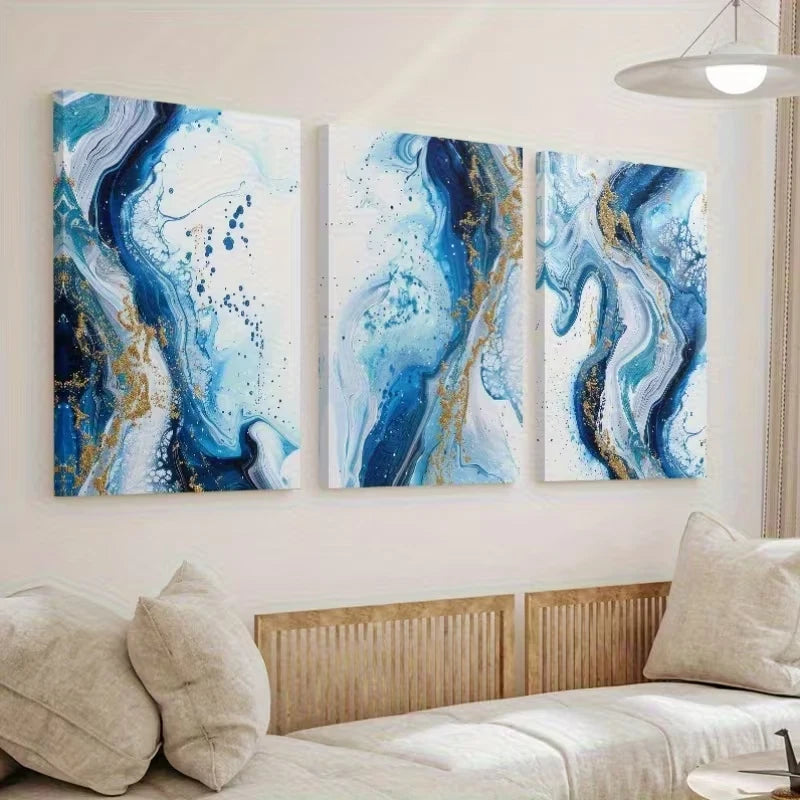 3pcs Luxury Abstract Golden Blue Painting Wall Art Set Canvas Framed 50x70cm - High Quality Print 100% Australian Made Wall Canvas Ready to Hang