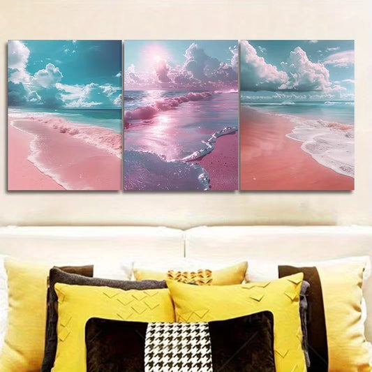 3pcs Pink Sand and Soft Blue Ocean Horizon Metal Print Ready to Hang Art