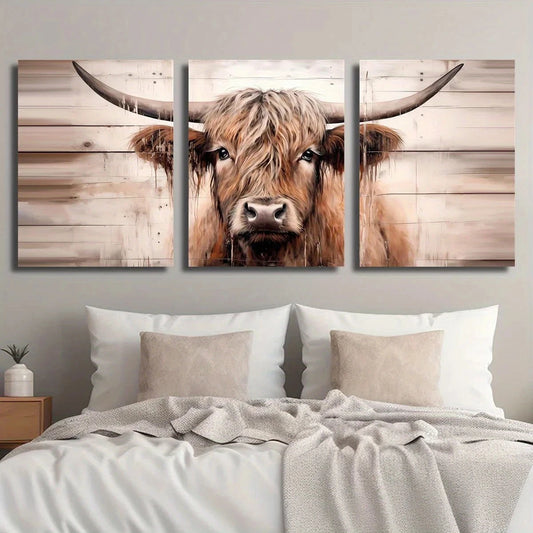 3pcs Highland Cow Rustic Wooden Metal Print Ready to Hang Art