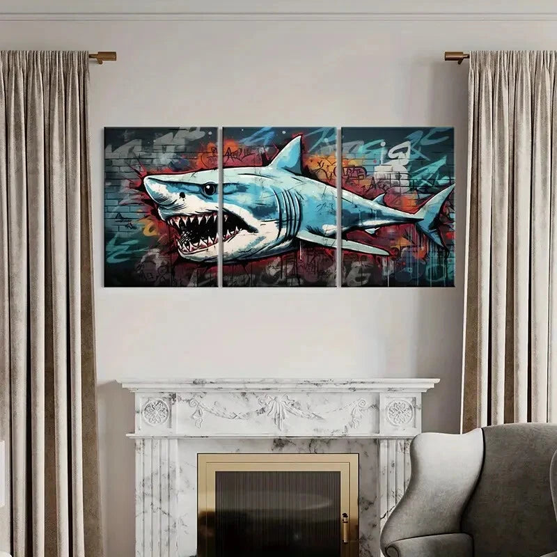 3pcs Shark Street Graffiti Style Urban Art Metal Print Ready to Hang Art - Bella Home Decor