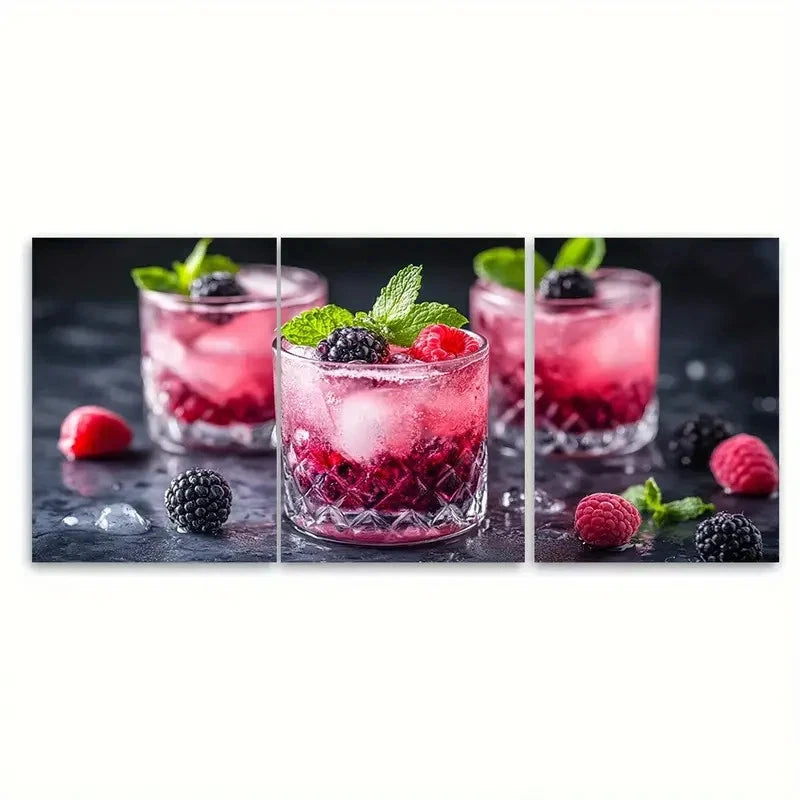 3pcs Fresh Berry Cocktail with Raspberry and Ice Wall Art Set Canvas Framed 40x60cm - High Quality Print 100% Australian Made Wall Canvas Ready to Hang - Bella Home Decor