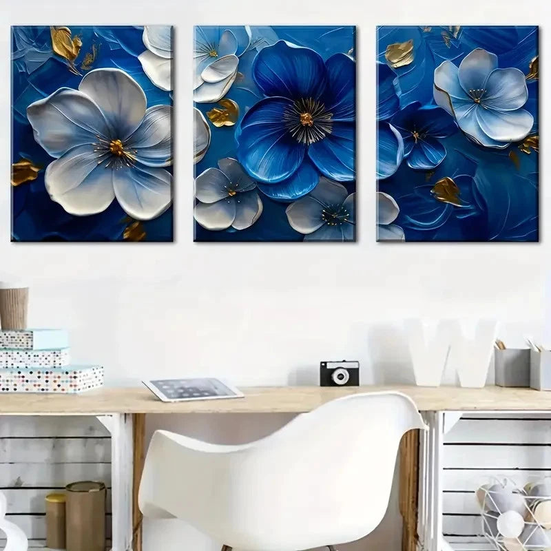 3pcs Abstract Blue And White Floral Designs Metal Print Ready to Hang Art - Bella Home Decor