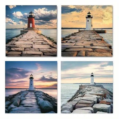 4pcs Charming Lighthouse By The Sea Morning Scen Wall Art Canvas Framed