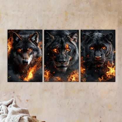 3pcs Three Wolves in Flames Wall Art Set Canvas Framed 40x60cm - High Quality Print 100% Australian Made Wall Canvas Ready to Hang - Bella Home Decor
