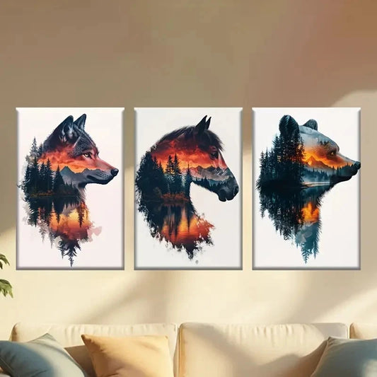 3pcs Animal Silhouette Wolf Horse Bear Wall Art Set Canvas Framed 50x70cm - High Quality Print 100% Australian Made Wall Canvas Ready to Hang