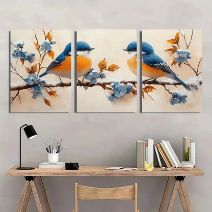 3pcs Blue And White Flowers And Birds On Snow Wall Art Set Canvas Framed 40x60cm - High Quality Print 100% Australian Made Wall Canvas Ready to Hang - Bella Home Decor