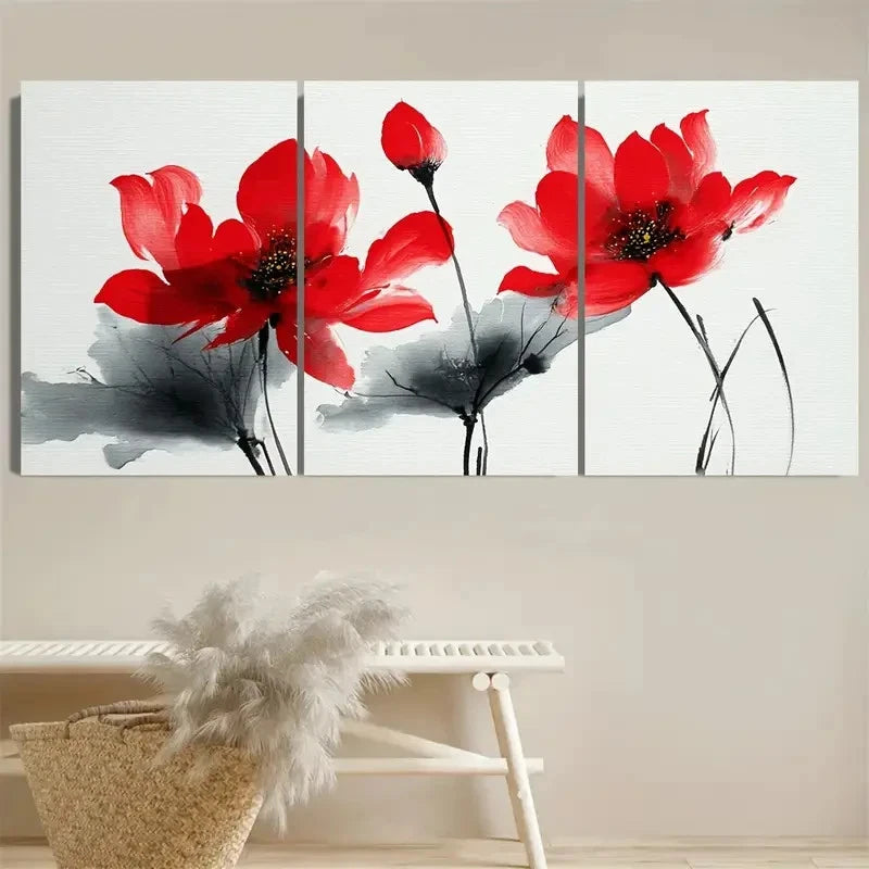 3pcs Chinese Red Lotus Botanical Zen Nature Wall Art Set Canvas Framed 60x90cm - High Quality Print 100% Australian Made Wall Canvas Ready to Hang - Bella Home Decor