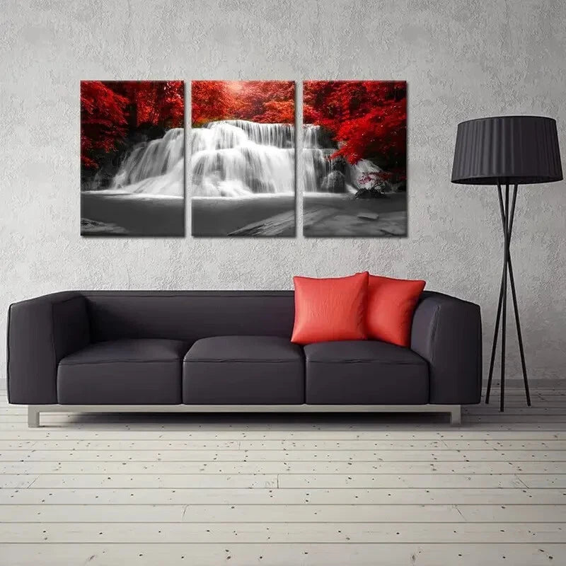 3pcs Black White and Red Waterfall Metal Print Ready to Hang Art - Bella Home Decor