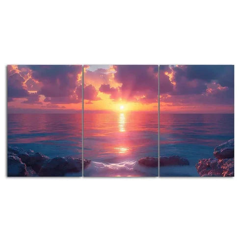 Vibrant Ocean Sunset 3 Piece Canvas Framed 60x90cm - High Quality Print 100% Australian Made Wall Canvas Ready to Hang