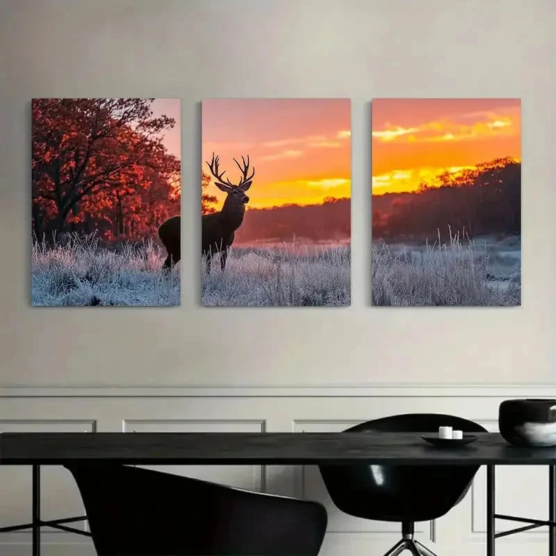 3pcs Deer with Antlers in Forest Light Painting Metal Print Ready to Hang Art - Bella Home Decor