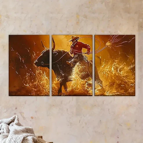 3pcs Man Riding Bull in Fire Wall Art Set Canvas Unframed - High Quality Print 100% Australian Made Wall Canvas
