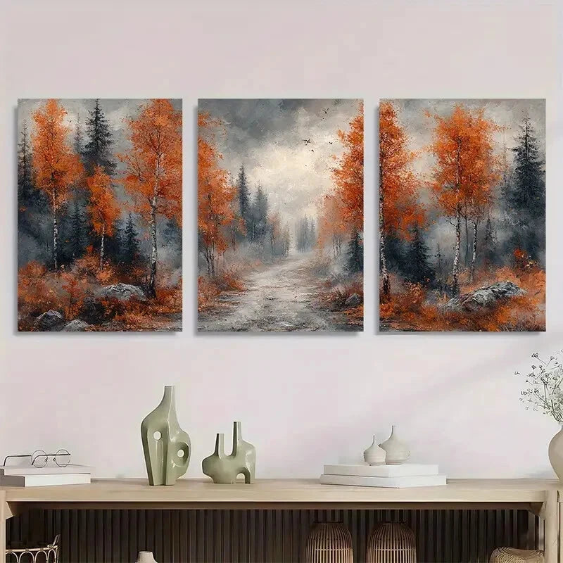 3pcs Autumn Forest Winding Trail Nature Painting Metal Print Ready to Hang Art - Bella Home Decor