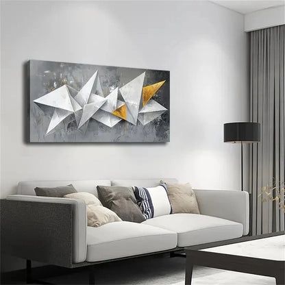 White Geometric Golden Triangle Wall Art Canvas Office Home Room Framed 120x60cm