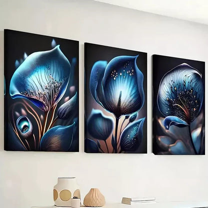 3pcs Modern Dark Blue Fantasy Flowers Abstract Wall Art Canvas Unframed - High Quality Print 100% Australian Made Wall Canvas