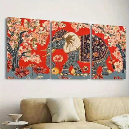 3pcs Traditional Blue & Golden, Floral Elephant Wall Art Set Canvas Unframed - High Quality Print 100% Australian Made Wall Canvas
