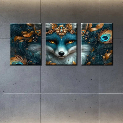 3pcs Dark Green & Golden Bohemian Fox Painting Metal Print Ready to Hang Art - Bella Home Decor