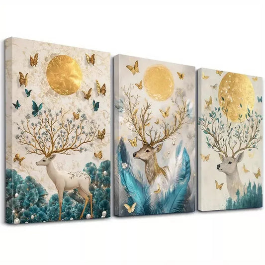 3pcs Deer and Golden Classic Retro Minimalist Wall Art Set Canvas Framed 50x70cm - High Quality Print 100% Australian Made Wall Canvas Ready to Hang