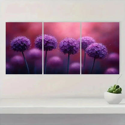 3pcs Vibrant Purple Allium Flower Decor Metal Print Ready to Hang Art - Bella Home Decor