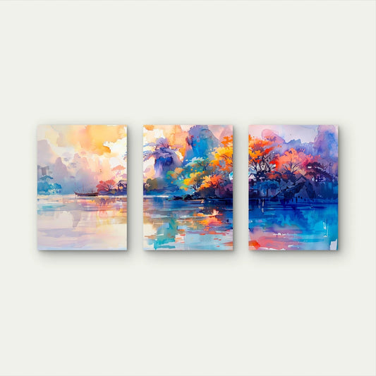 3pcs Autumn Colors Dancing On The Water Wall Art Set Canvas Framed 50x70cm - High Quality Print 100% Australian Made Wall Canvas Ready to Hang - Bella Home Decor