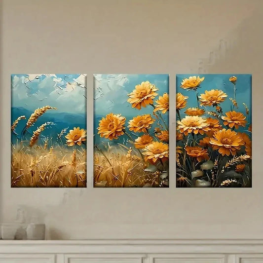 3pcs Painting of Flowers in a Field Wall Art Set Canvas Framed 60x90cm - High Quality Print 100% Australian Made Wall Canvas Ready to Hang