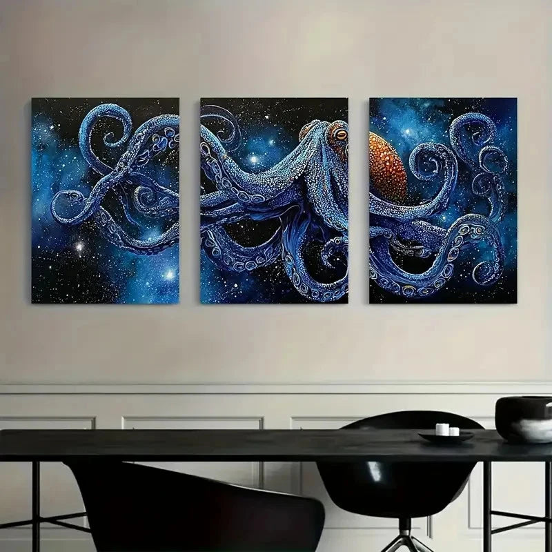3pcs Giant Cosmic Octopus Paintings Metal Print Ready to Hang Art - Bella Home Decor