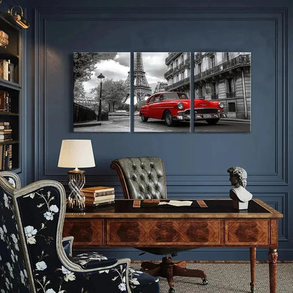 3pcs Eiffel Tower Red Car Paris Street Metal Print Ready to Hang Art - Bella Home Decor