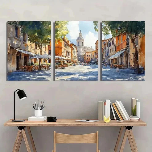 3pcs Italian Street Cafes & Historic Buildings Wall Art Set Canvas Unframed - High Quality Print 100% Australian Made Wall Canvas