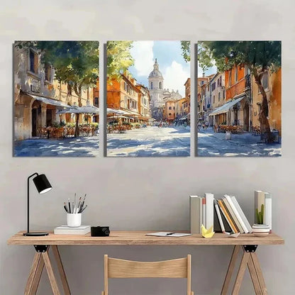 3pcs Italian Street Cafes & Historic Buildings Wall Art Set Canvas Unframed - High Quality Print 100% Australian Made Wall Canvas