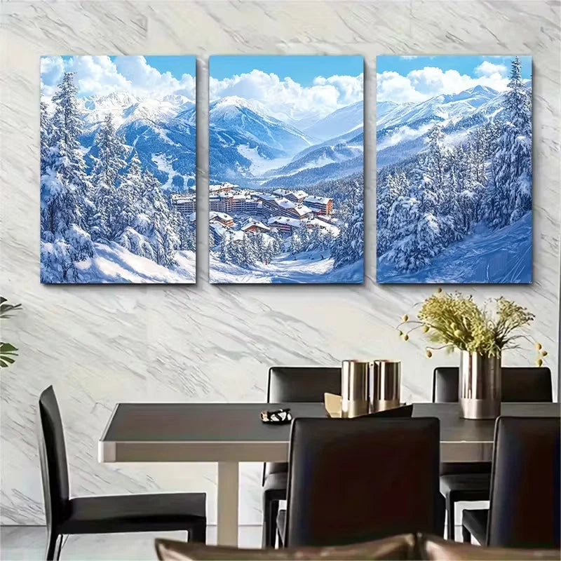 3pcs Snowy Village & Pine Trees Metal Print Ready to Hang Art