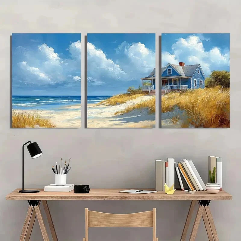 3pcs Beach House Watercolor Seaside Scene Metal Print Ready to Hang Art - Bella Home Decor