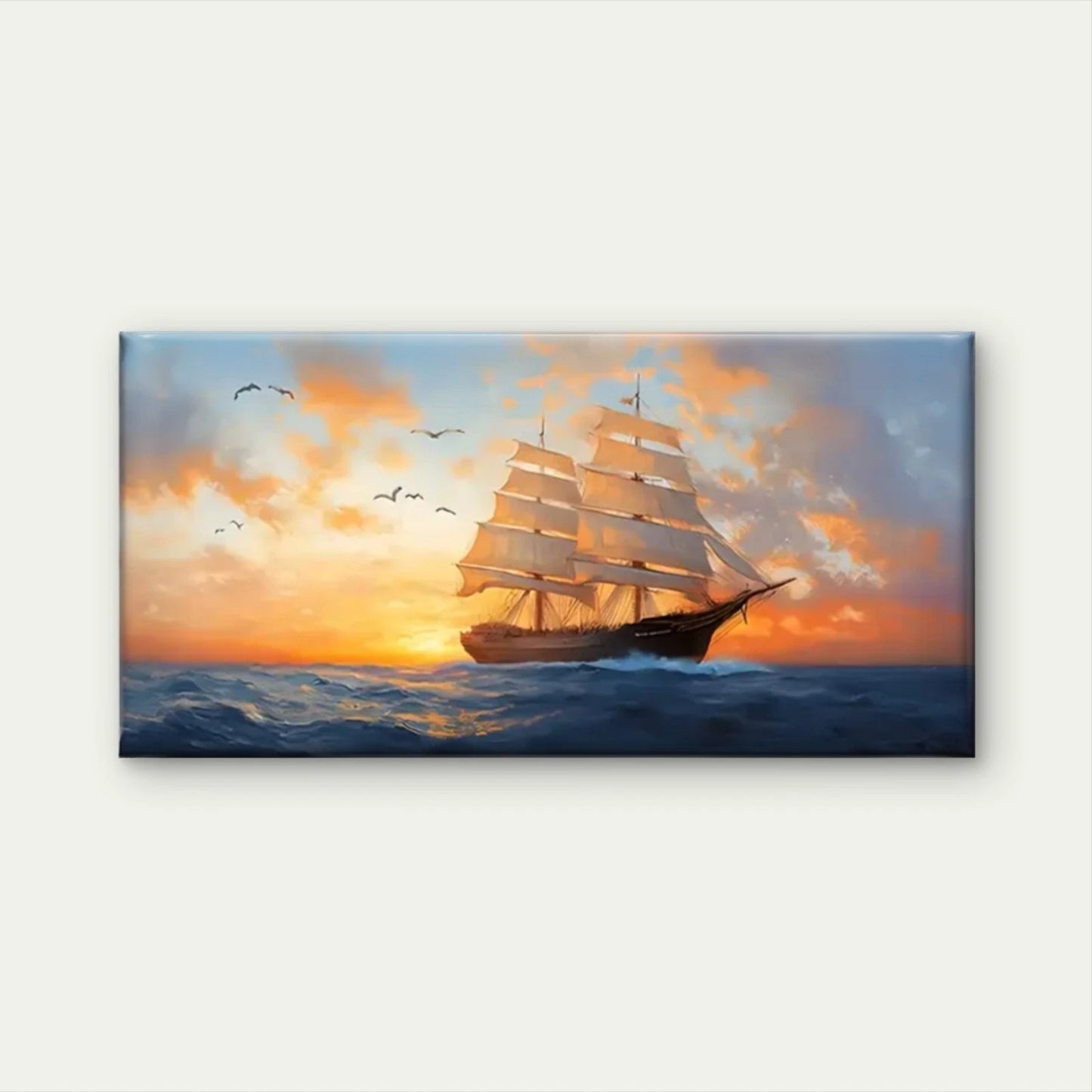 Ocean Vessel Sunset Birds Wall Art Canvas Office Home Room Framed 120x60cm