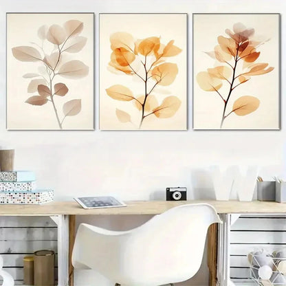 3pcs Decorative Soft-Toned Plant Leaves Metal Print Ready to Hang Art - Bella Home Decor