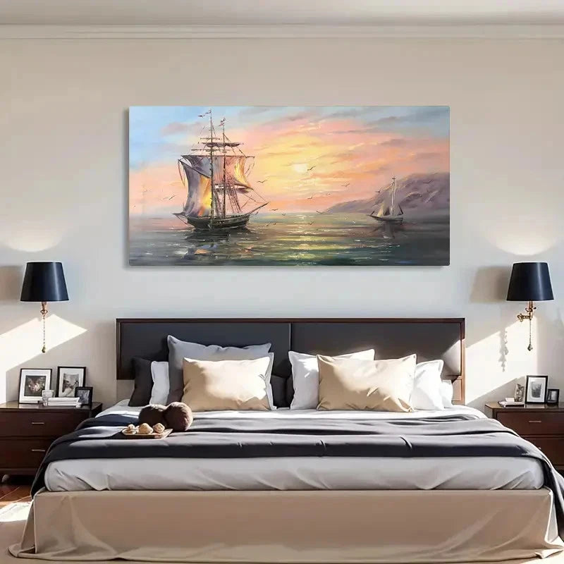 Sailing Boat & Sunrise Charm Wall Art Canvas Office Home Room Framed 120x60cm - Bella Home Decor
