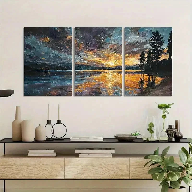 3pcs Sunset on Lake Huntington Paintings Metal Print Ready to Hang Art - Bella Home Decor