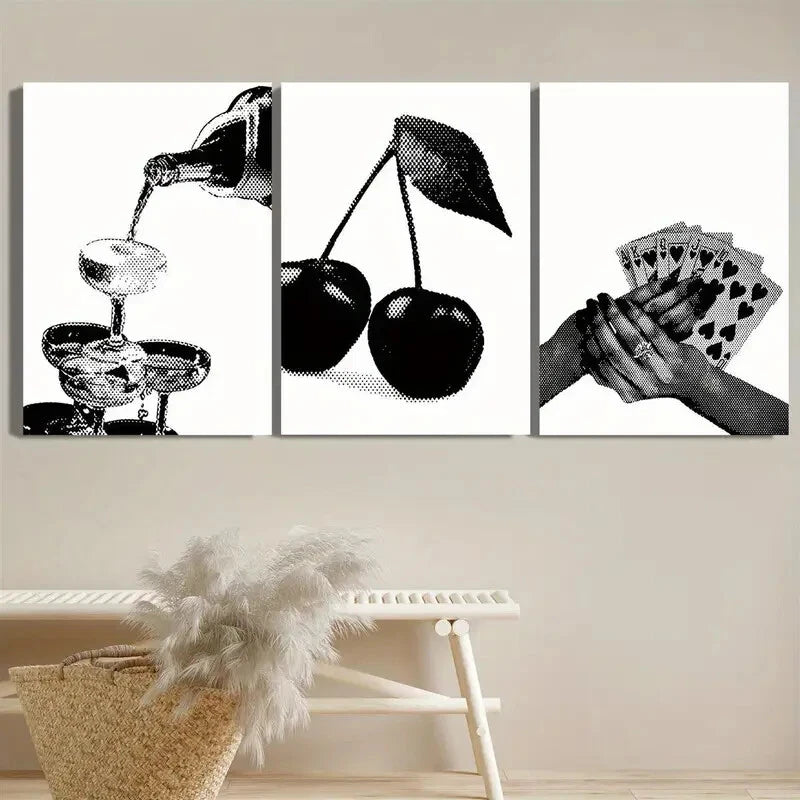 3pcs Black and White Hipster Style Cherries Metal Print Ready to Hang Art - Bella Home Decor