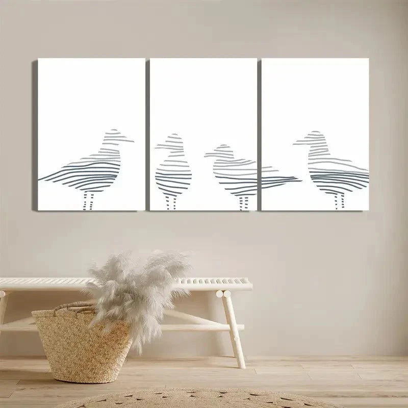 3pcs Minimalist Blue Line Bird Prints Metal Print Ready to Hang Art - Bella Home Decor