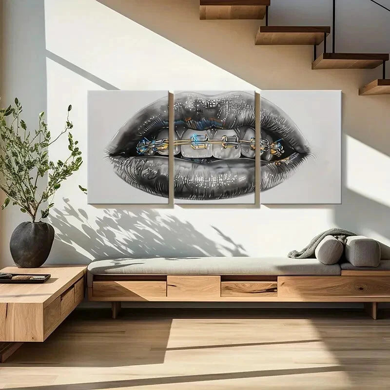 3pcs Futuristic Lip & Teeth Design with Metallic Metal Print Ready to Hang Art - Bella Home Decor