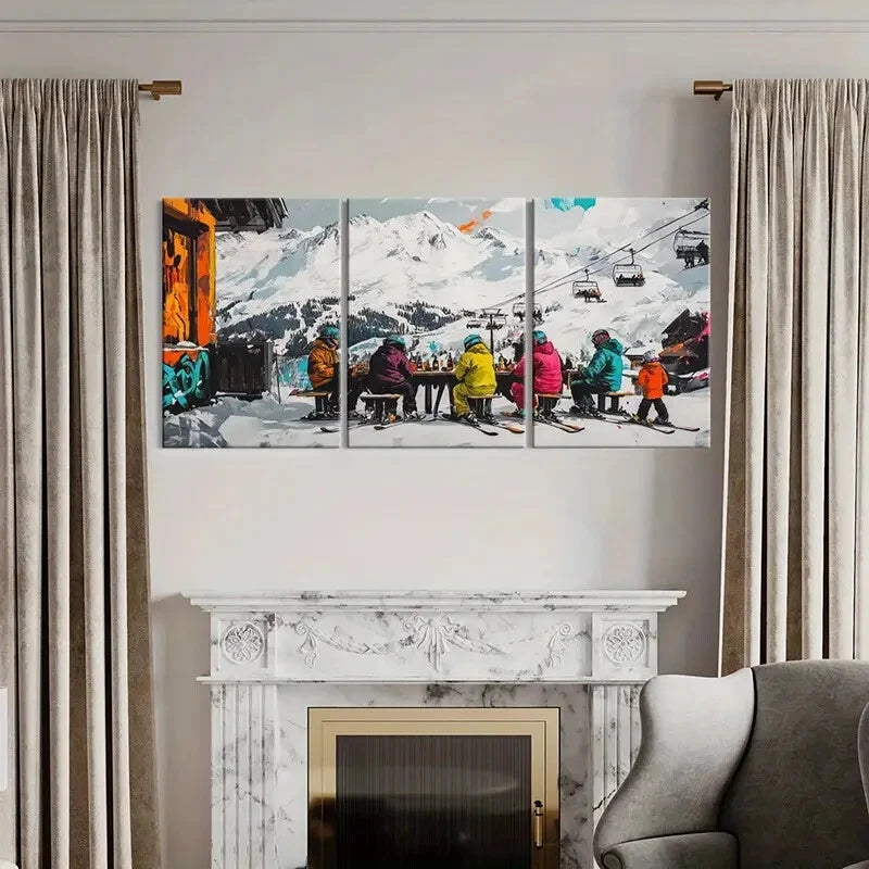 3pcs Snowy Mountains Ski Resort Cable Cars Metal Print Ready to Hang Art - Bella Home Decor