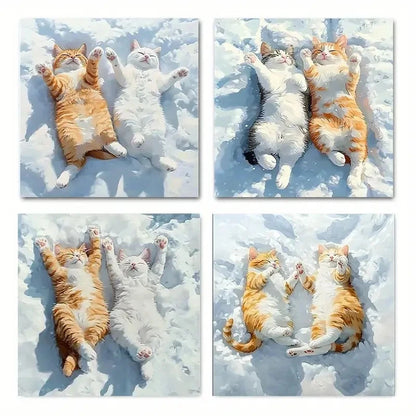 4pcs Cute White Cat In Sunshine, Abstract Wall Art Canvas Framed