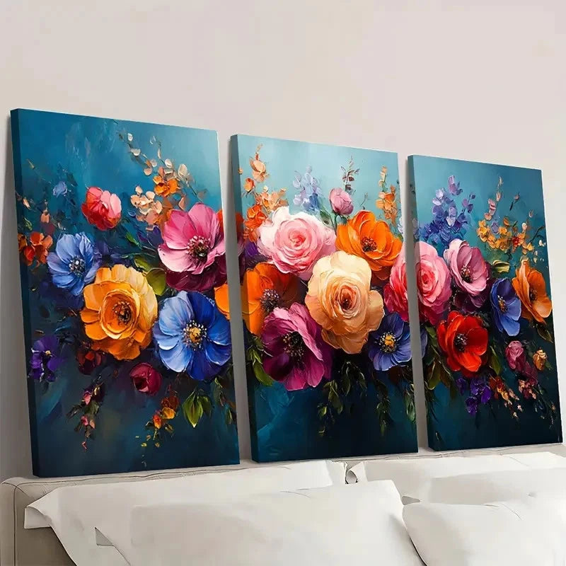 3pcs Colorful Floral Blue, Pink, Orange & Purp  Wall Art Set Canvas Framed 40x60cm - High Quality Print 100% Australian Made Wall Canvas Ready to Hang - Bella Home Decor