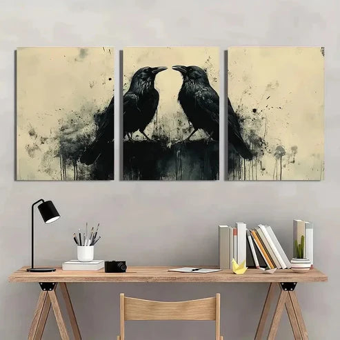 3pcs Black Crows Beige and Black Themed Wall Art Set Canvas Unframed - High Quality Print 100% Australian Made Wall Canvas - Bella Home Decor