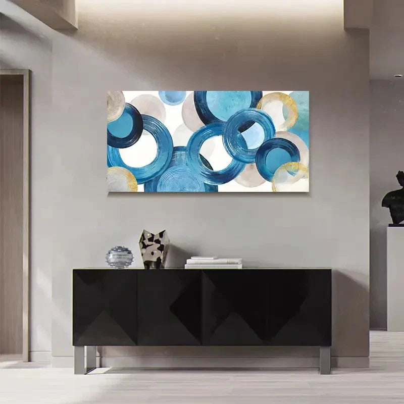 Blue Geometric Circles Design Wall Art Canvas Office Home Room Framed 120x60cm - Bella Home Decor