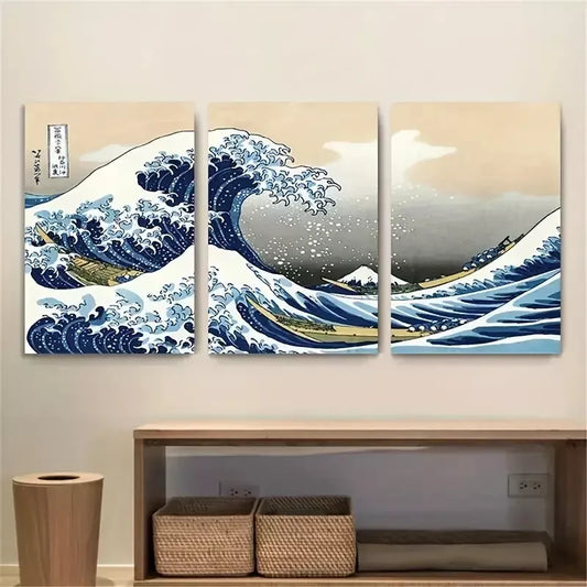 3pcs Japanese Sea Waves Wall Art Set Canvas Framed 50x70cm - High Quality Print 100% Australian Made Wall Canvas Ready to Hang