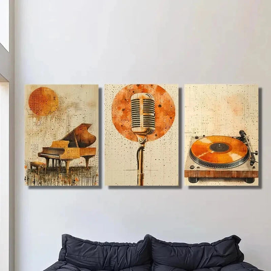 3pcs Golden Piano, Microphone & Vinyl Art Metal Print Ready to Hang Art
