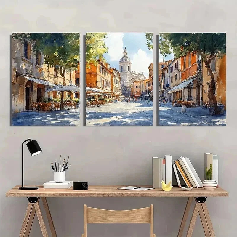 3pcs Italian Street Cafes & Historic Buildings Wall Art Set Canvas Framed 60x90cm - High Quality Print 100% Australian Made Wall Canvas Ready to Hang - Bella Home Decor